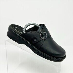 Clarks Collection Womens Black Slip-On Mule Clog Buckle Comfort Flat Size 6